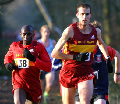 Paskar Owor (38) and James Kelly (34) head the field after the first 4k lap. Photo by Alan Mead.